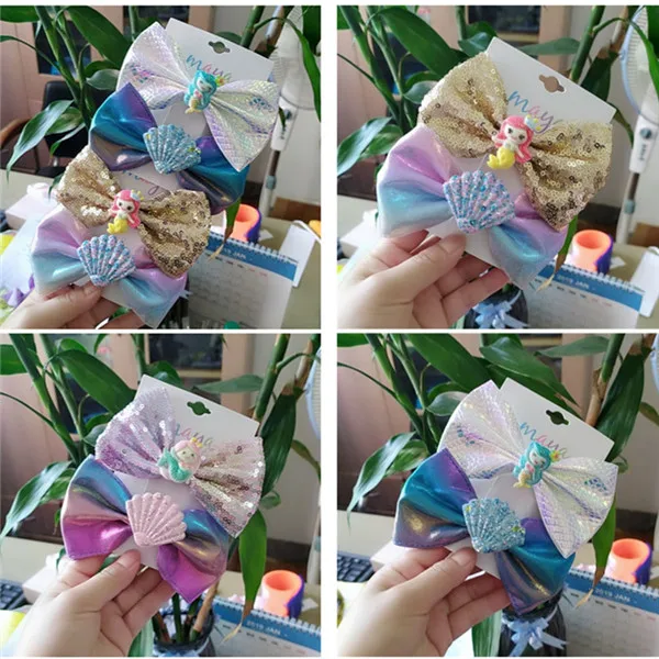 mixed all designs 5 компл./лот блестящие заколки для волос Русалочки галстуки-бабочки с блестками Duckbill комплект заколок для волос Океаническая ракушка принцесса девушки заколки для волос аксессуары для волос - Цвет: mixed all designs