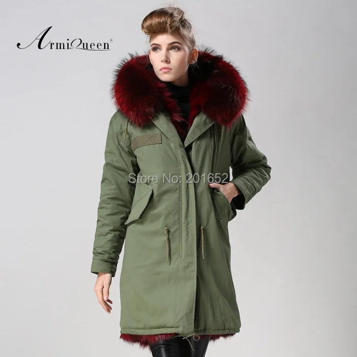 Фабричная продажа длинная парка со съемным бордовым мехом енота на капюшоне с