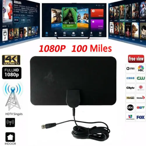 Антенна плоская тонкая 100 миль HD высокой четкости для ТВ TV 1080P 4K D 10 футов кабель