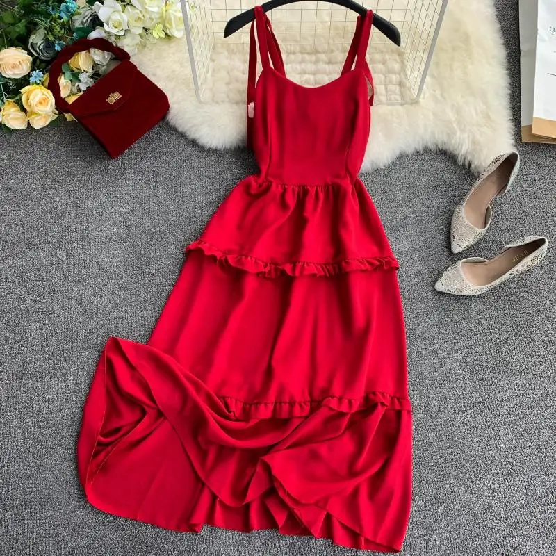 

Женское длинное платье на бретельках, однотонное облегающее платье в Корейском стиле с V-образным вырезом, высокой талией и деревянными ушк...