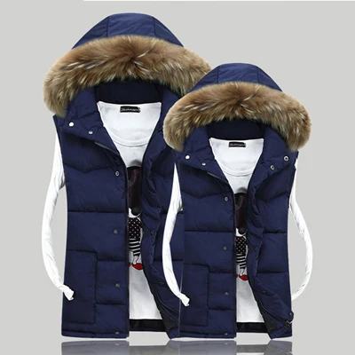 Navy UNIVOS KUNI, мужской теплый жилет, chalecos para hombre, зимнее пальто, куртка для пары, унисекс, женский меховой воротник, большой размер 4XL Q6017 - Цвет: Navy