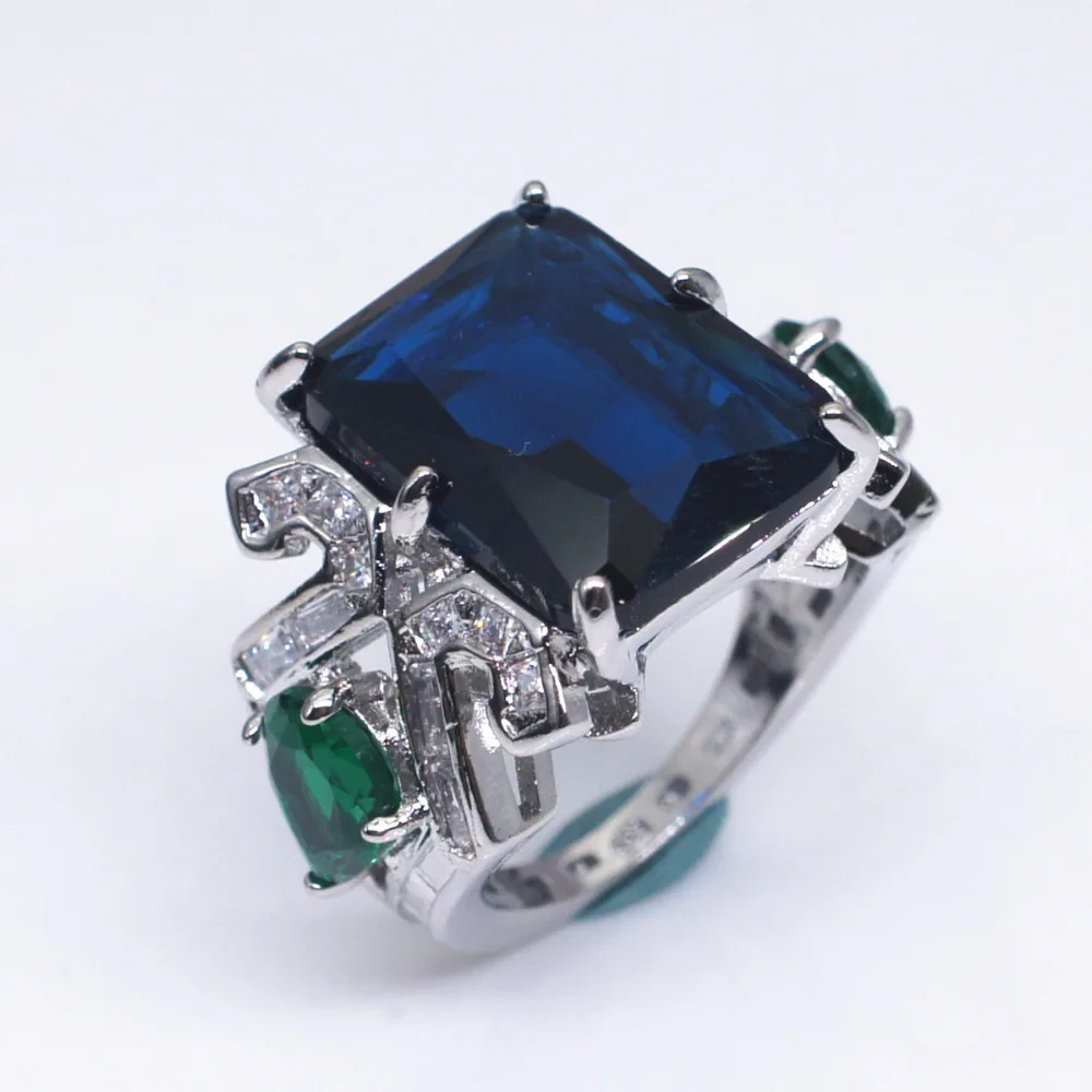 Женское кольцо с камнем в форме груши винтажное посеребренное крупным синим