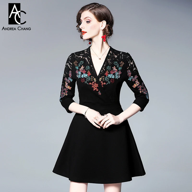 S-XL женское платье с цветным цветочным узором и вышивкой черное кружевное рукавом