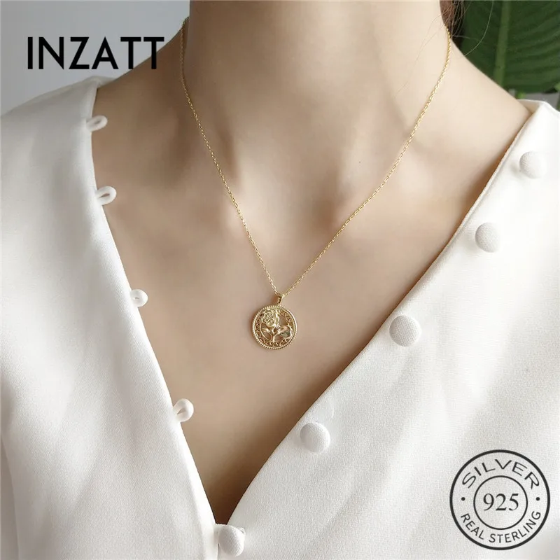 

INZATT Romantic Disc Hollow Carving Rose Flower Pendant Necklace Real 925 Sterling Silver For Women Party Fine Jewelry Cute Gift