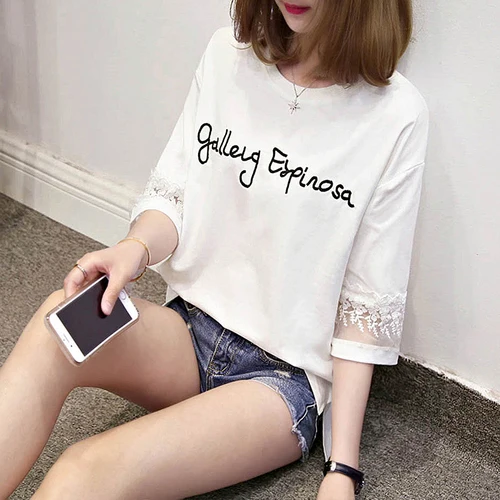 Фото Женская футболка с вышитыми буквами Летняя Повседневная круглым вырезом и