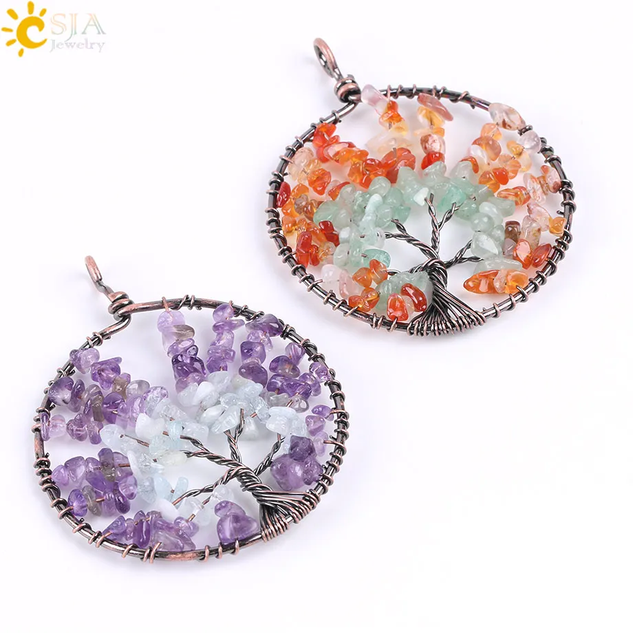 CSJA Tree of Life Chip Natural Stone Necklace & Pendants Purple Yellow Crystal Quartz Green Aventurine Reiki Chakra Jewelry E767 |