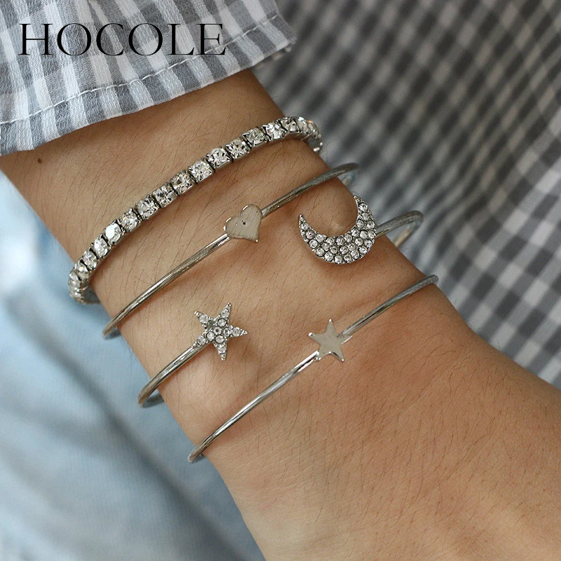 HOCOLE 4pcs/set Moon Star Heart Charm Cuff Bracelets&amp Bangles Gold Silver Color Micro Paved Crystal Bracelet Sets For Women - купить по