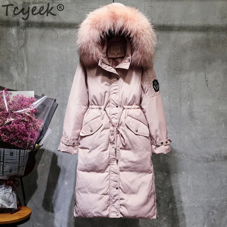 pink Tcyeek, зимняя куртка-пуховик, женский длинный пуховик, женские толстые тонкие куртки, одежда для девушек, большой мех, с капюшоном, теплые пальто, LWL1047 - Цвет: pink