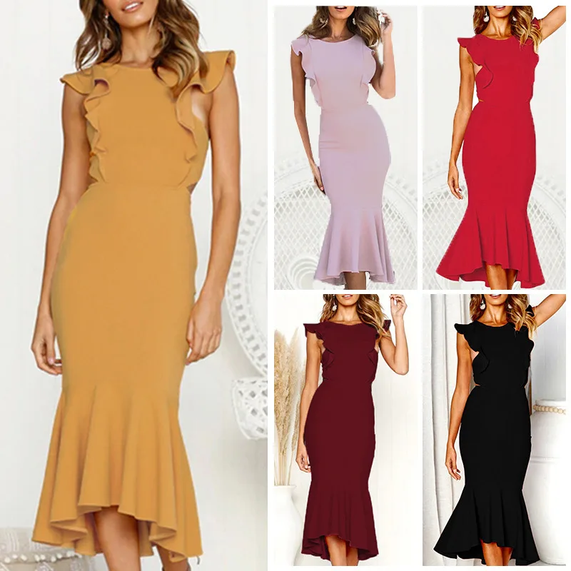 Женское облегающее платье с рюшами повседневное офисное средней длины коротким