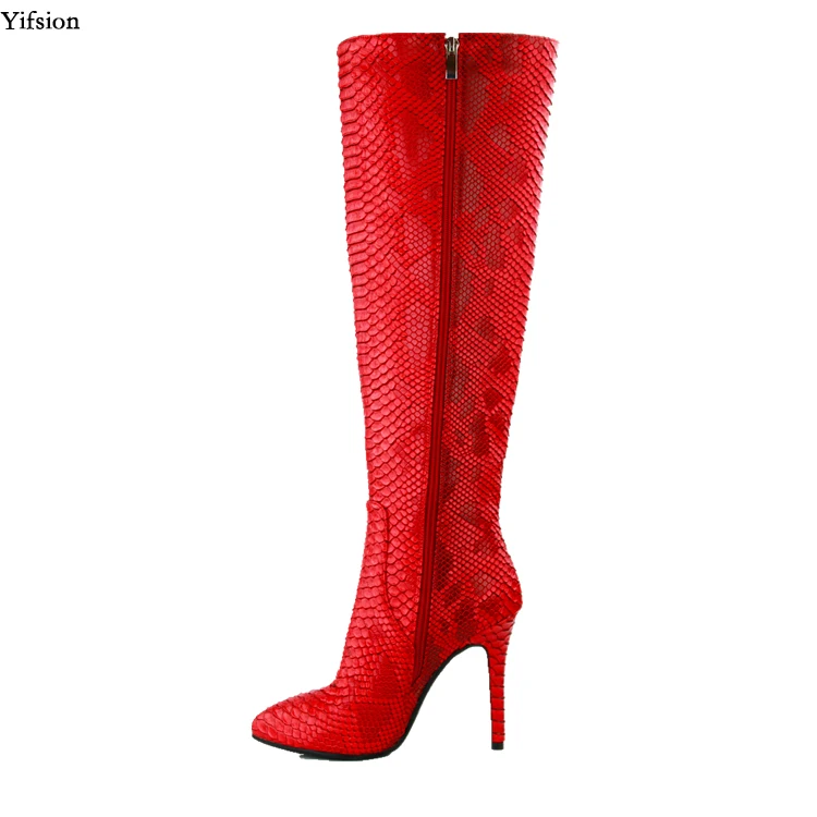 

Olomm New Fashion Women Winter Knee High Boots Stiletto High Heel Red Ladies Charm Pointed Toe Party Shoes Women US Size 5-15