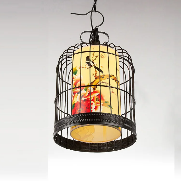Wrought iron birdcage lamp creative new Chinese antique chandelier hotel restaurant works hand-painted lantern b |