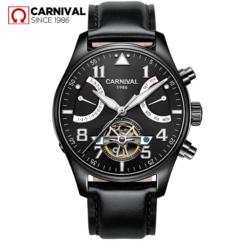 Full Black Карнавал сапфир relogio masculino TopBrand автоматические часы для мужчин Tourbillon механические водонепроницаемые часы модные кожаные роскошные - Цвет: Full Black