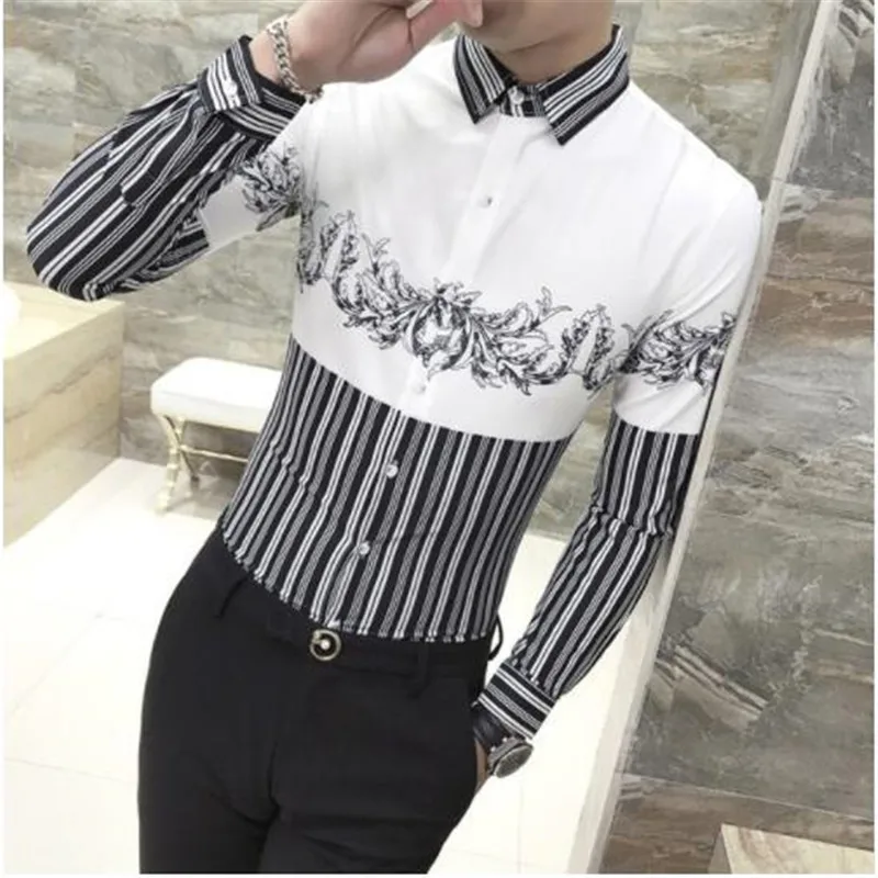 Мужская рубашка в полоску Chemise Homme черная белая с длинным рукавом для выпускного