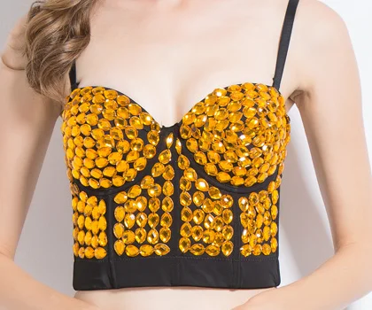 Gold Summer Festival Party Club Stage Women Rhinestone Pearls Bustier Crop Top Bandage corset Off Shoulder Spaghetti Cropped Tee Slim - Color: Gold