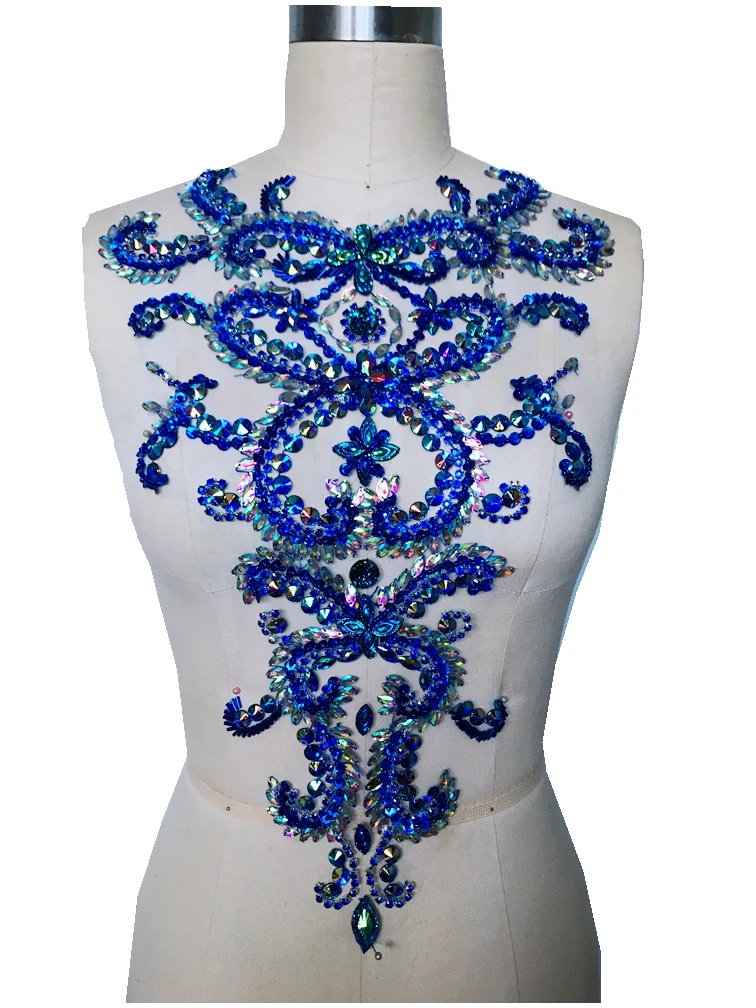 

Pure hand made dazzling sew on Rhinestones applique blue/clear AB colour crystals patches 46*30cm DIY dress accessory