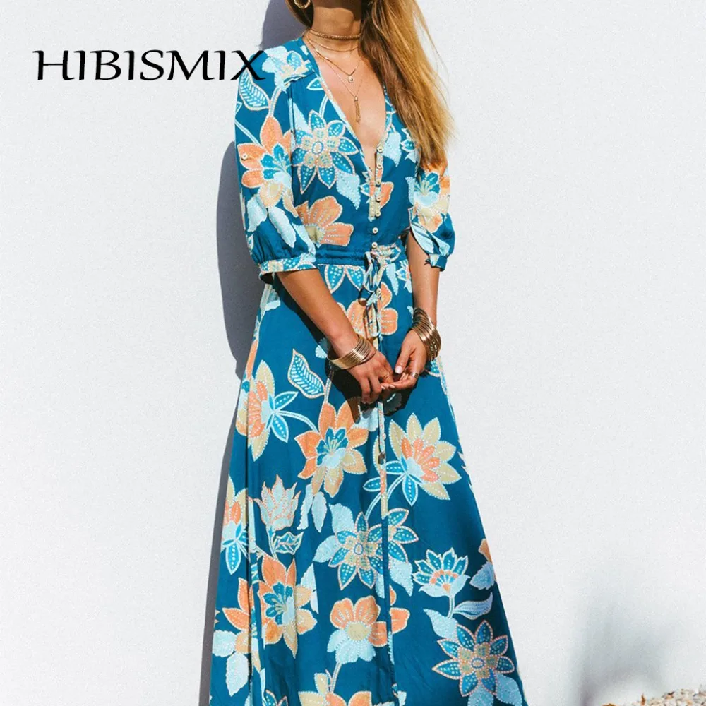 HIBISMIX женские богемные длинные платья лето 2019 v-образный вырез с цветочным принтом