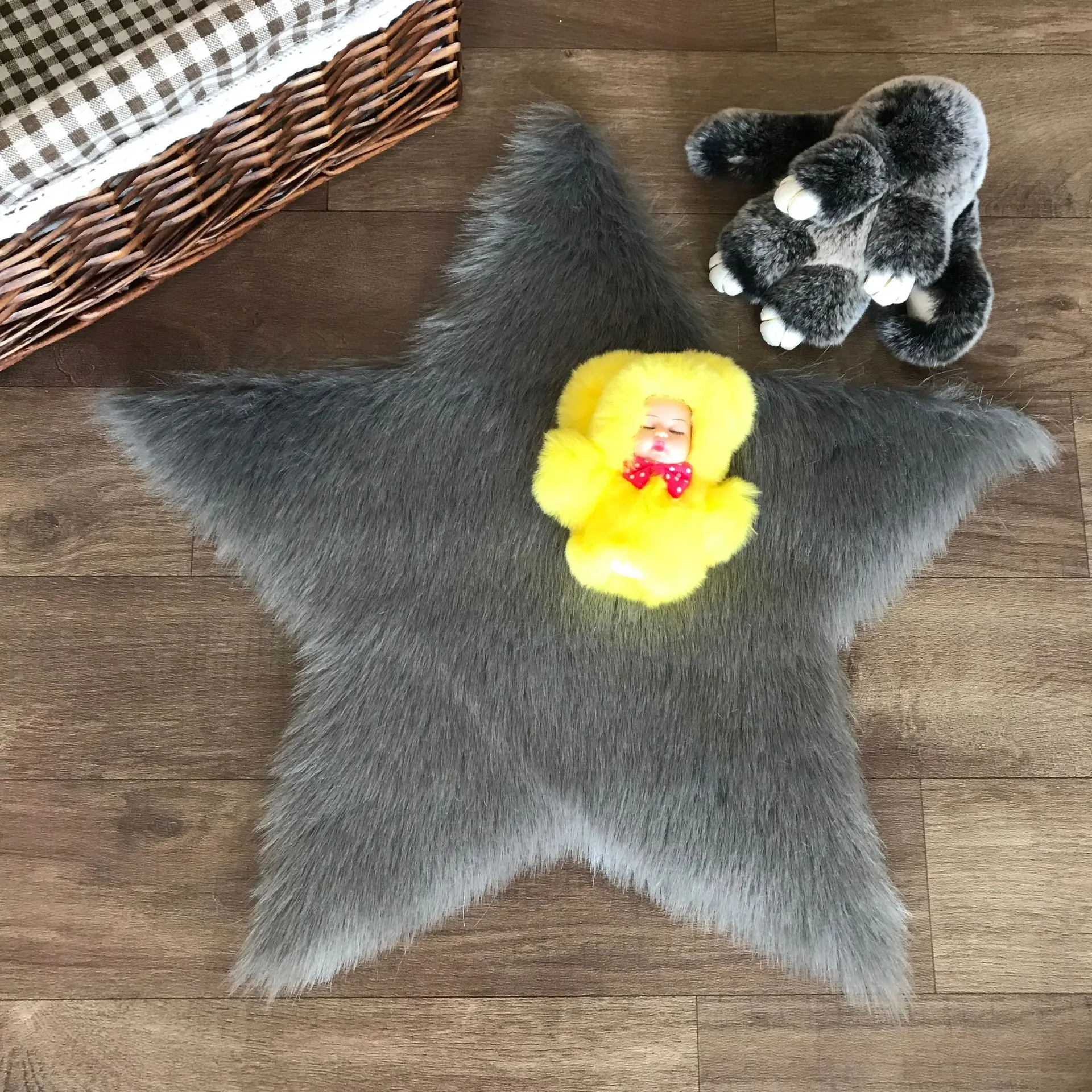 Длинный пушистый коврик синий белый розовый пятиконечная звезда меховые коврики