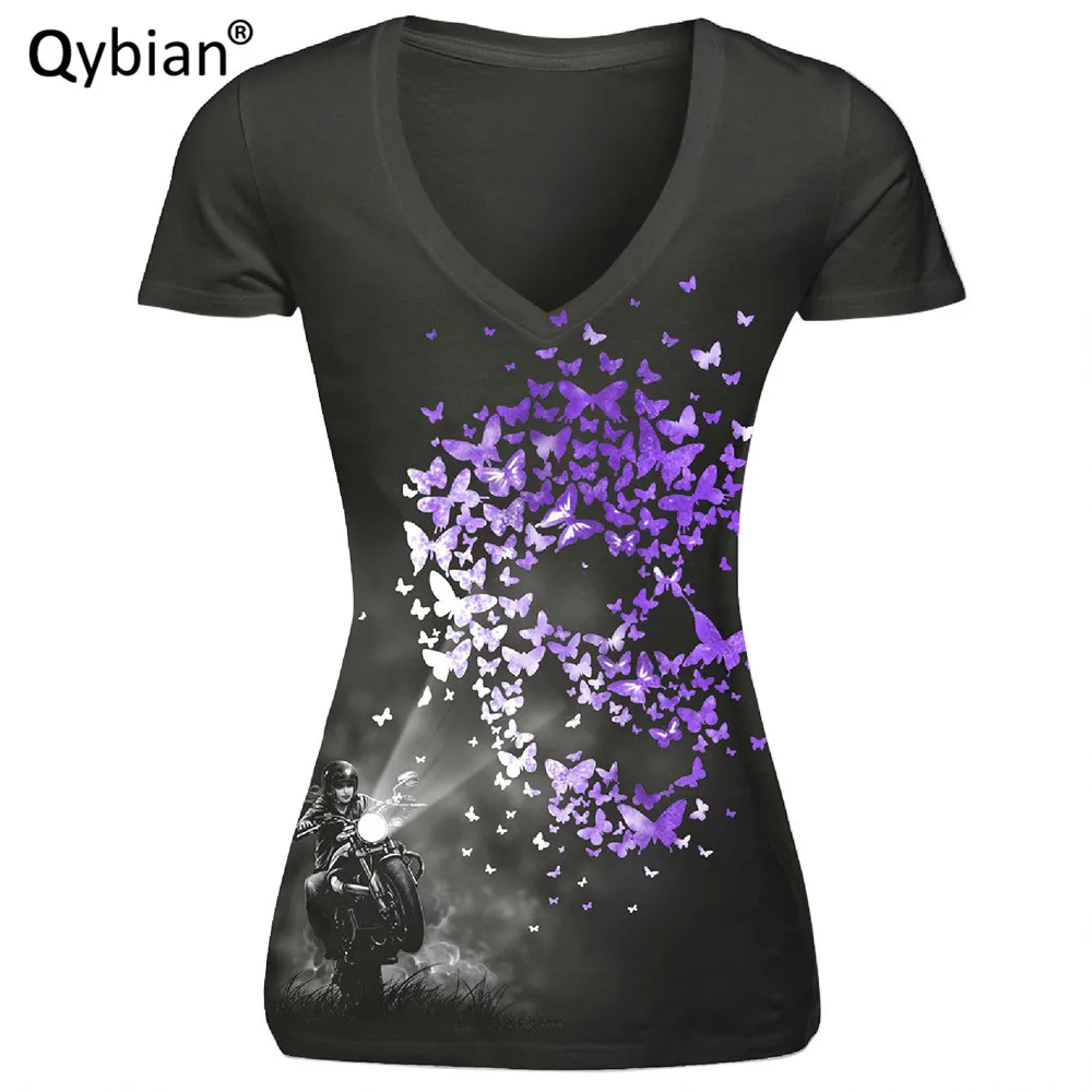 Футболка женская с принтом черепа и бабочки Модный повседневный топ V образным