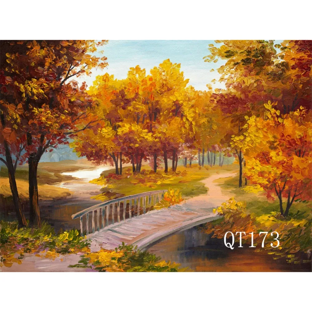LB Watercolor Autumn Scenic Yellow Leaves Bridge On River Vinyl Studio Backdrop Photography Photo Props Photographic Background |