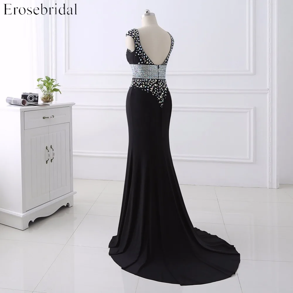2017 платье с поясом и кристаллами для выпускного вечера длинное черное