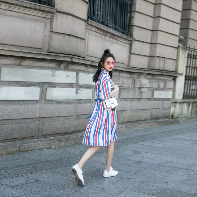 Тренд сеттер Лето 2017 г. повседневный наряд в полоску для женщин Слэш шеи рубашка