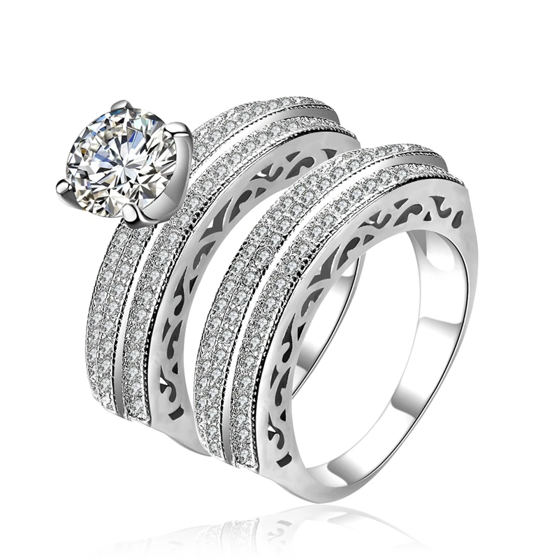 Роскошный Серебряный цвет карат CZ Кристалл кольцо набор с проложили Микро Циркон