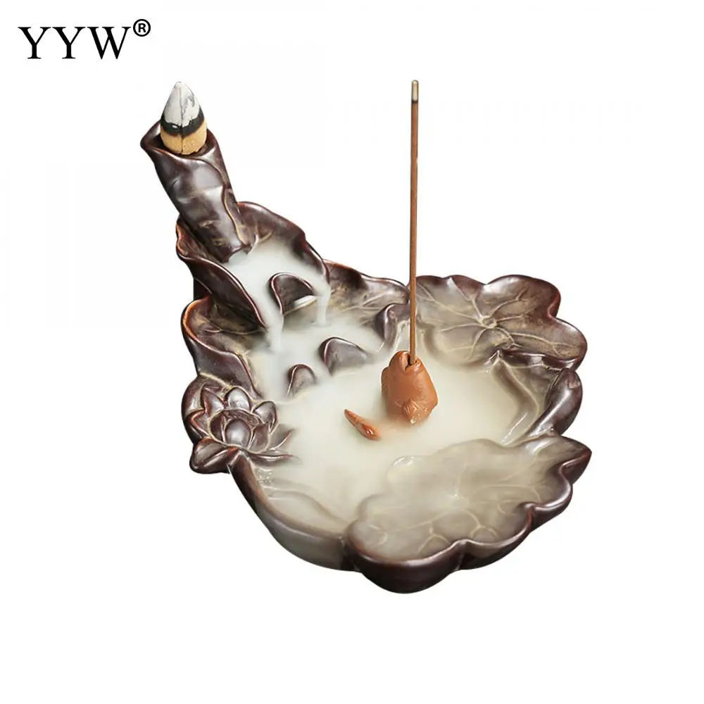

Fish Inserted Stick Burner White Smoke Waterfall Incense Burner +10pcs Cones Backflow Cones Holder Porcelain Censer Home Decor