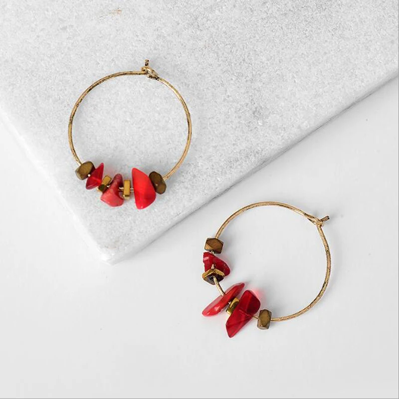 2017 New Style Red Natural Stone Earrings Bohemia Original Handmade Plated Gold Circle For Women Gifts | Украшения и аксессуары