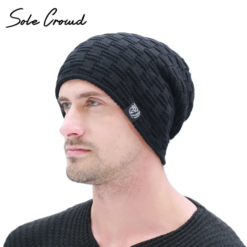 Черный Модные тканевые шапки Skullies Beanies для мужчин, зимние Бархатные толстые шапки, теплые трикотажные шапки для мужчин, высокое качество - Цвет: Черный