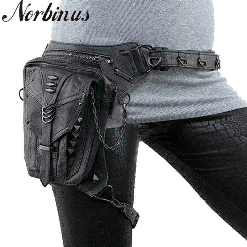 

Norbinus Women Waist Bag Gothic Fanny Packs Motorcycle Hip Leg Bag Steampunk Holster Shoulder Bag Men PU Leather Crossbody Bags