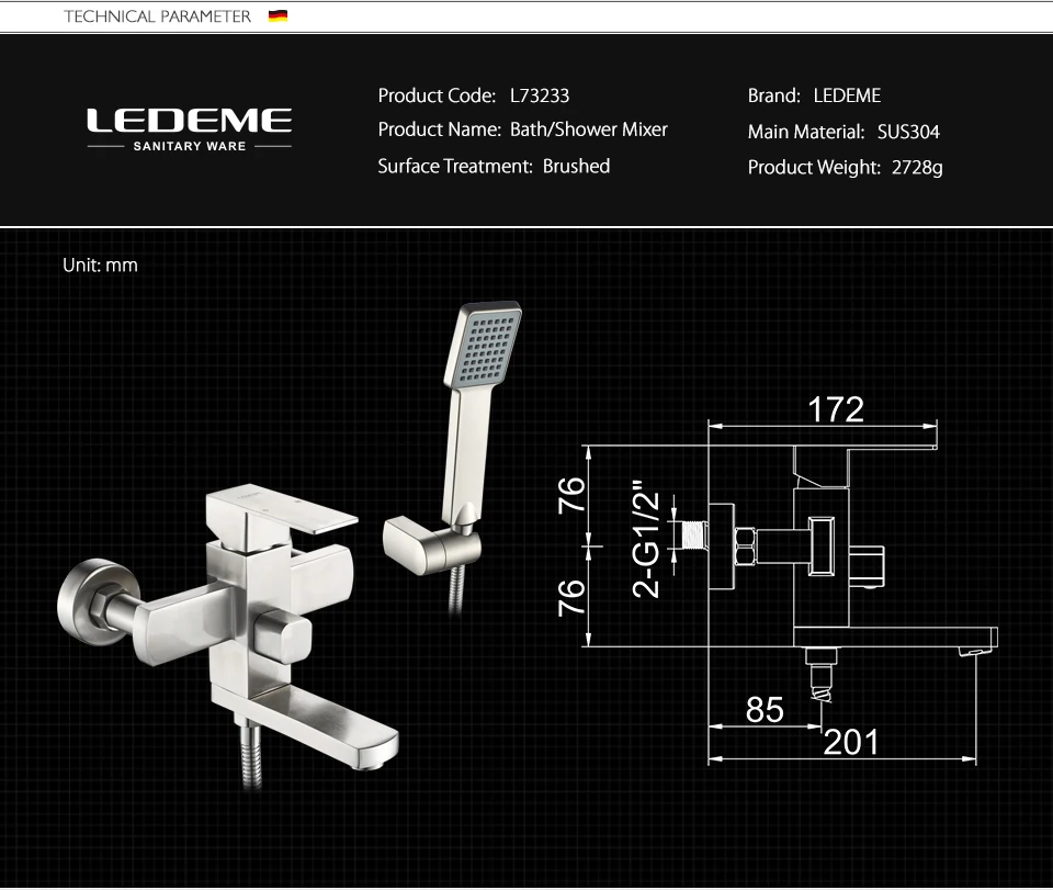 LEDEME Смесители для ванны настенный кран для ванной комнаты смеситель для душа из нержавеющей стали смеситель для ванны кран краны L73233
