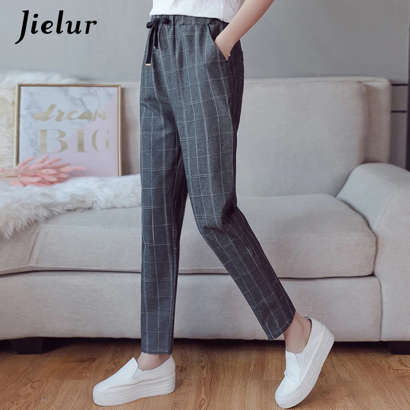 Jielur 2018 Новый Винтаж плед Для женщин брюки Повседневное корейские узкие женские