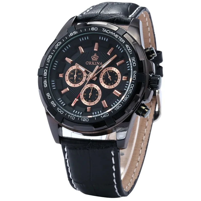 

Men Watches 2016 MG. ORKINA Japan Quartz Movement Chronograph Stopwatch Function Leather Strap Black Watch Relogio Masculino