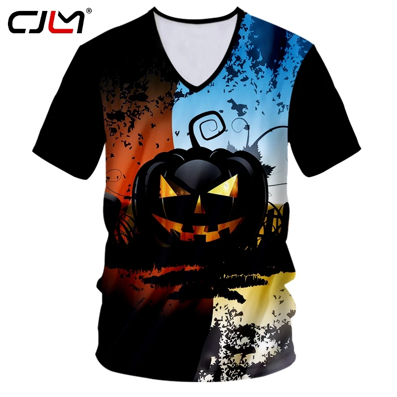 

CJLM Хэллоуин черная Тыква Мужская футболка Лучшие продажи модные мужские цветные квадраты Футболка Повседневная брендовая футболка с v-обра...