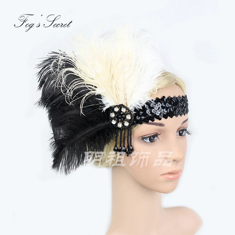 Vintage Headwear For Women Black feather headband Fashion stage Performance show haaraccessoires voor vrouwen |
