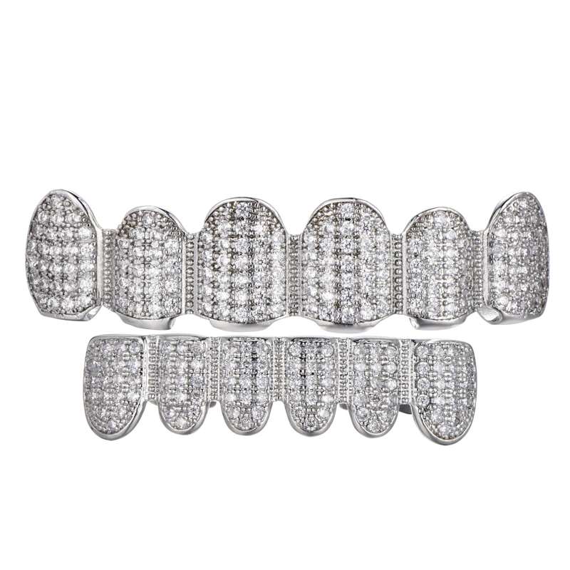 Хип-хоп Блестящий Bling Полный Iced Out AAA кубический циркон кристалл Зубы гриль Золото Серебро Клык сверху и снизу гриль набор дропшиппинг