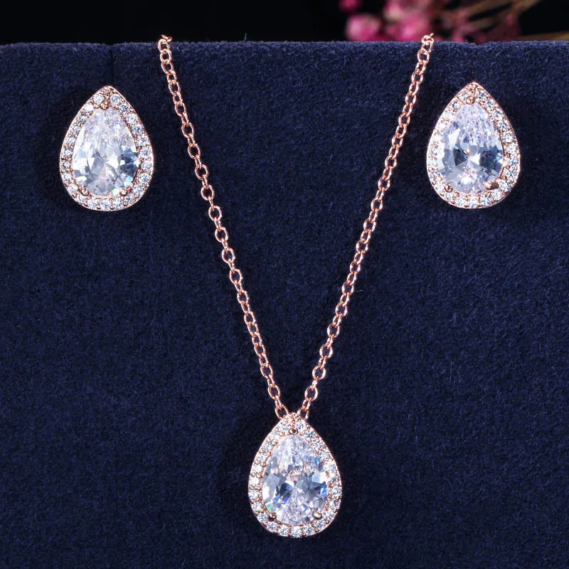 rose gold CWWZircons, простой дизайн, модное, в форме груши, кубический цирконий, ожерелье, кулон и серьги, ювелирные наборы для женщин T058 - Окраска металла: rose gold