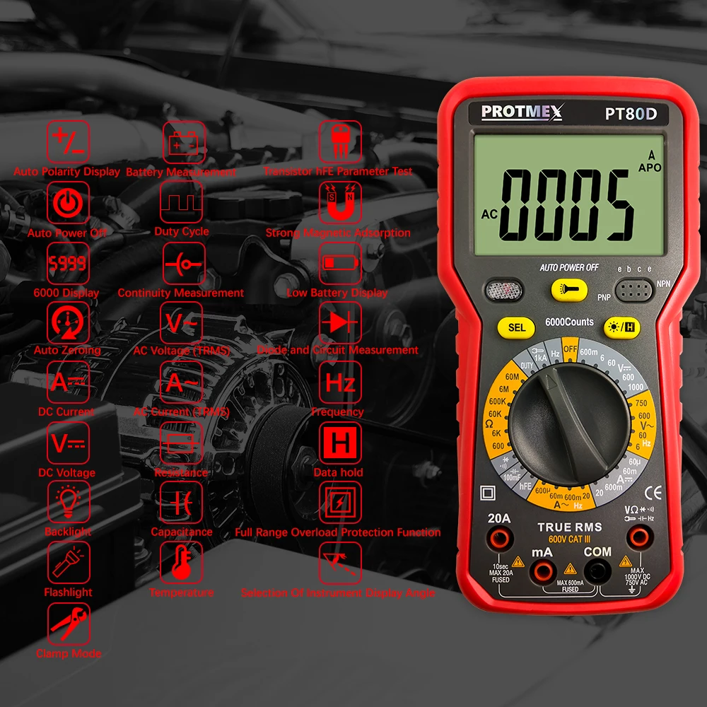 Protmex PT80C/PT80D 6000 отсчетов Цифровой мультиметр DC/AC напряжение ток сопротивление