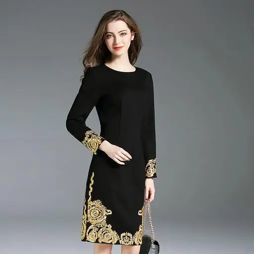 2XL 2019 качество OL стиль вышивка с длинным рукавом женские платья круглым вырезом