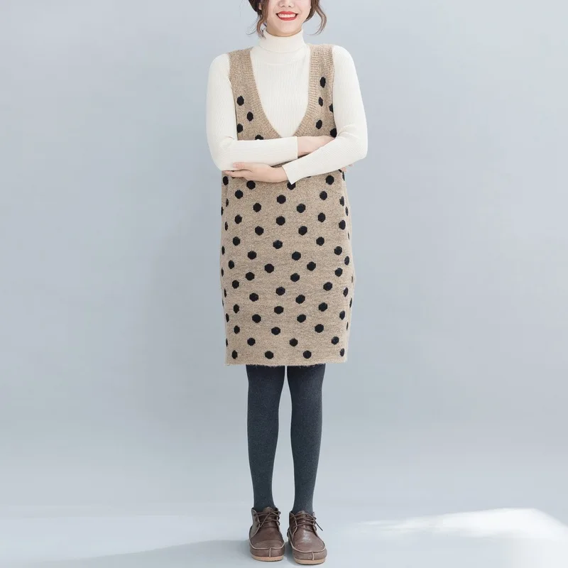 2018 autumn and winter large size women's loose sweater Two-piece suit fashion dot V-neck casual long sweaters | Женская одежда