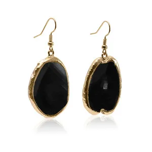 black gold 1 пара сережек Агата для сережек, срез из натурального камня, висячие серьги, Золотое большое длинное из натурального камня для женщин - Окраска металла: black gold