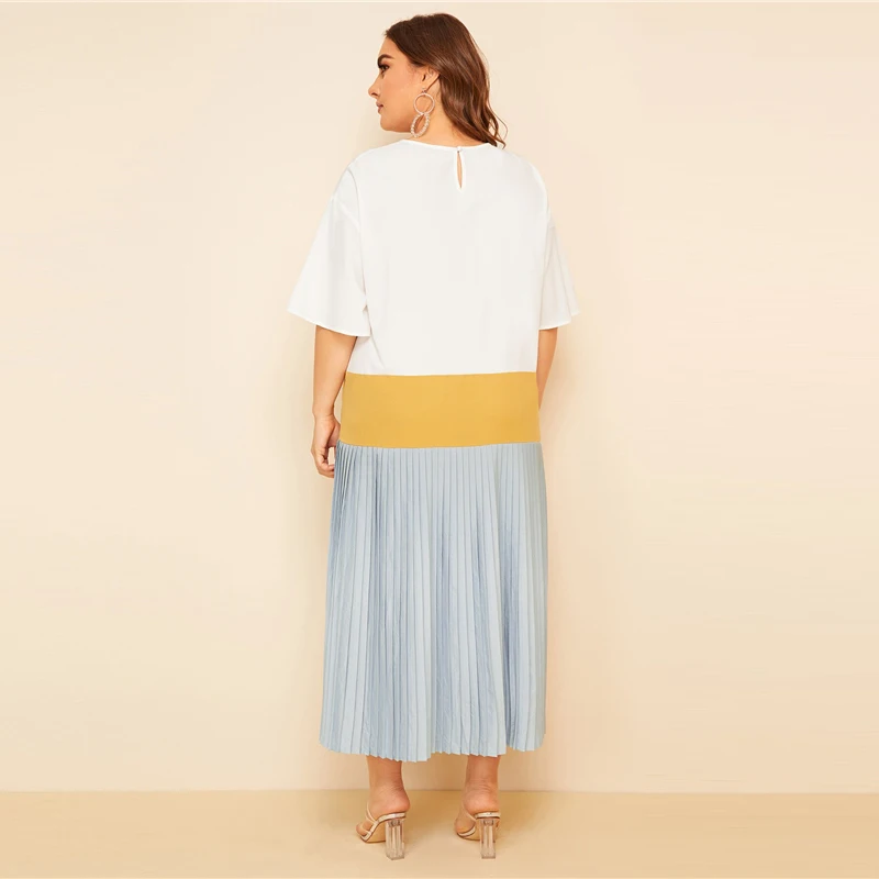 SHEIN, разноцветное плиссированное платье с открытыми плечами размера плюс,, женское летнее Повседневное платье-туника с рукавом до локтя