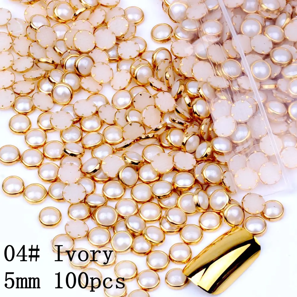 04 Ivory 5mm 100pcs 100 шт, 4 мм, 5 мм, 6 мм, много цветов, полукруглые жемчужины, металлические стразы, сделай сам, дизайн ногтей, бусины, красивые блестящие украшения - Цвет: 04 Ivory 5mm 100pcs