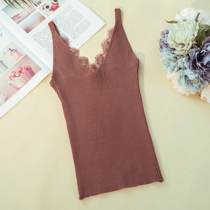Женский летний вязаный Топ без рукавов с v-образным вырезом кружевной однотонный
