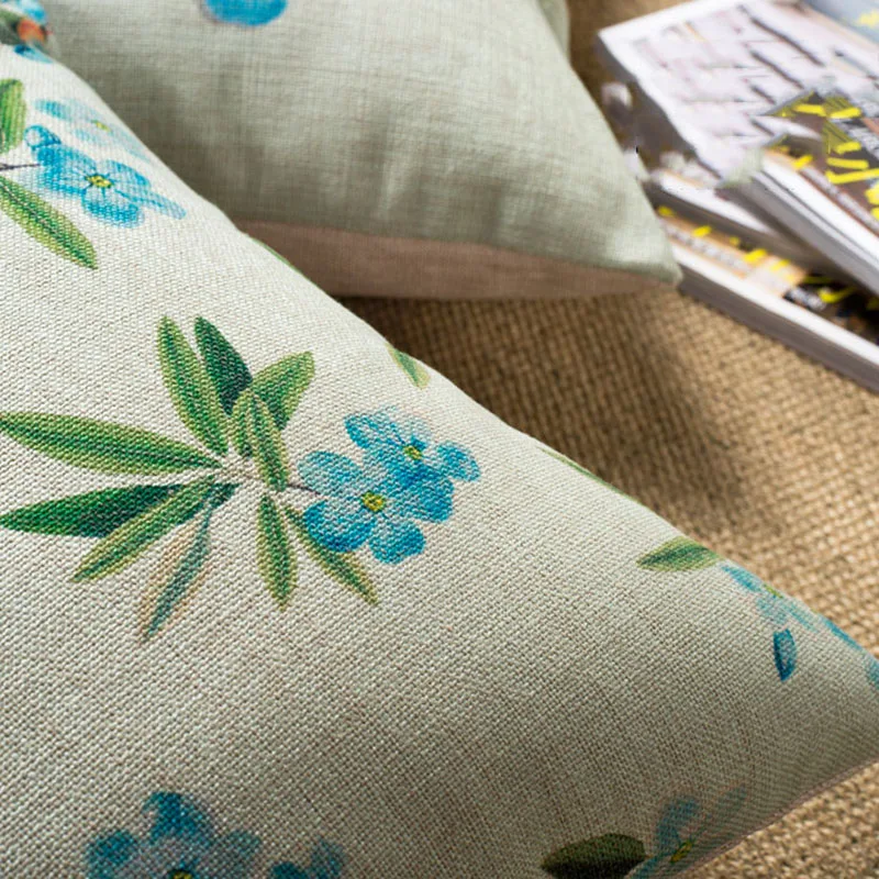 Льняная наволочка оптом в винтажном стиле с синими цветами орхидеей одуванчиком