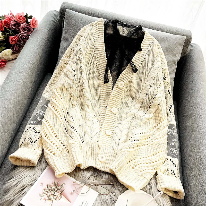 New 2019 spring hollow cardigan women's lace knitted sweater with loose foreign style and thick stick needle jacket sweaters |
