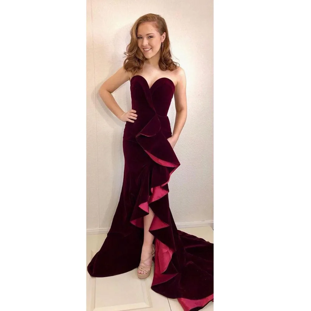 Бургундское Пышное Платье длинное vestido de festa longo бархатное вечернее платье de soiree элегантное платье-Русалка на выпускной с открытыми плечами
