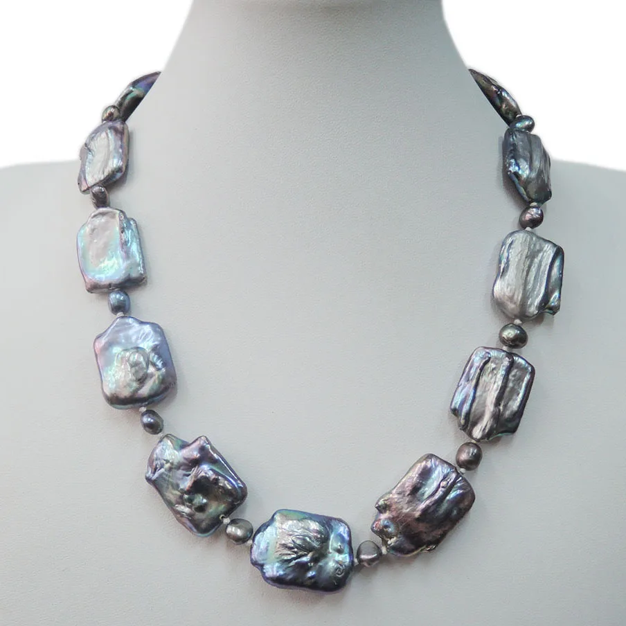 Necklace Квадратный барокко черный пресноводный жемчуг комплект ювелирных изделий ожерелье, браслет и серьги-925 серебряные серьги застежка-крючок, Большой жемчуг Размер 17x21 мм - Окраска металла: Necklace