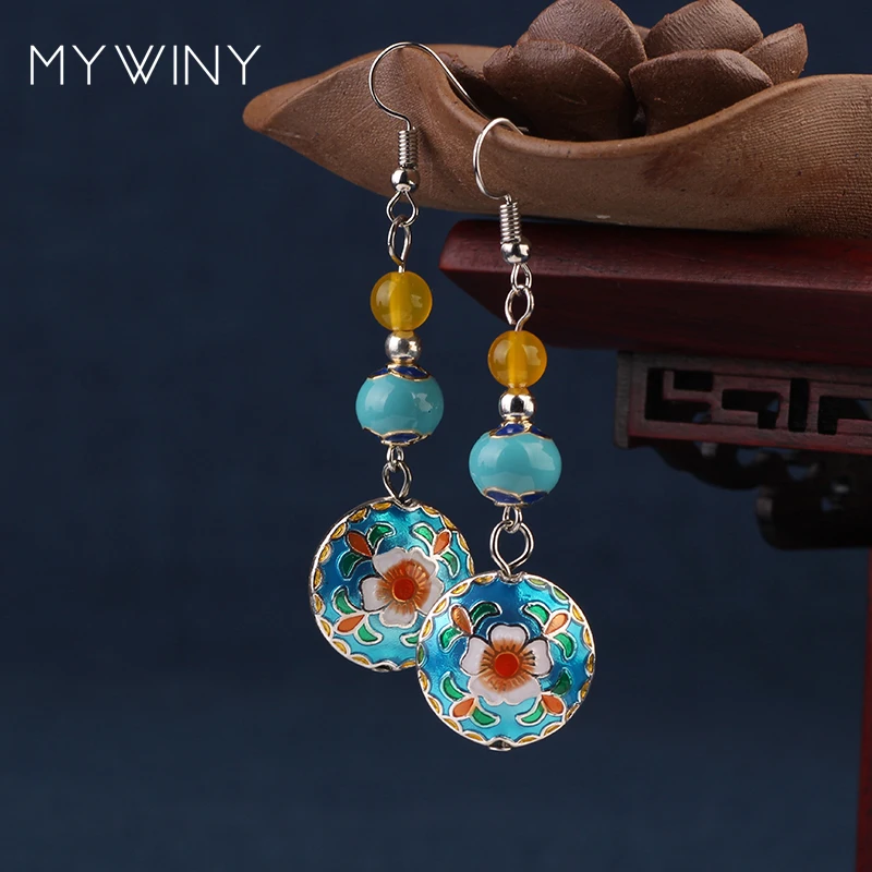 Новые Медные Ювелирные изделия MYWINY Перегородчатые винтажные серебряные серьги в