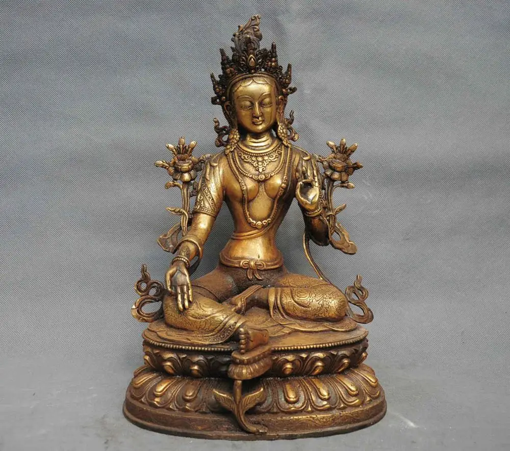 14 &quotКитай Тибет Храм Бронзовый Gild Зеленая Тара Гуаньинь Бодхисаттвы Статуя|statue